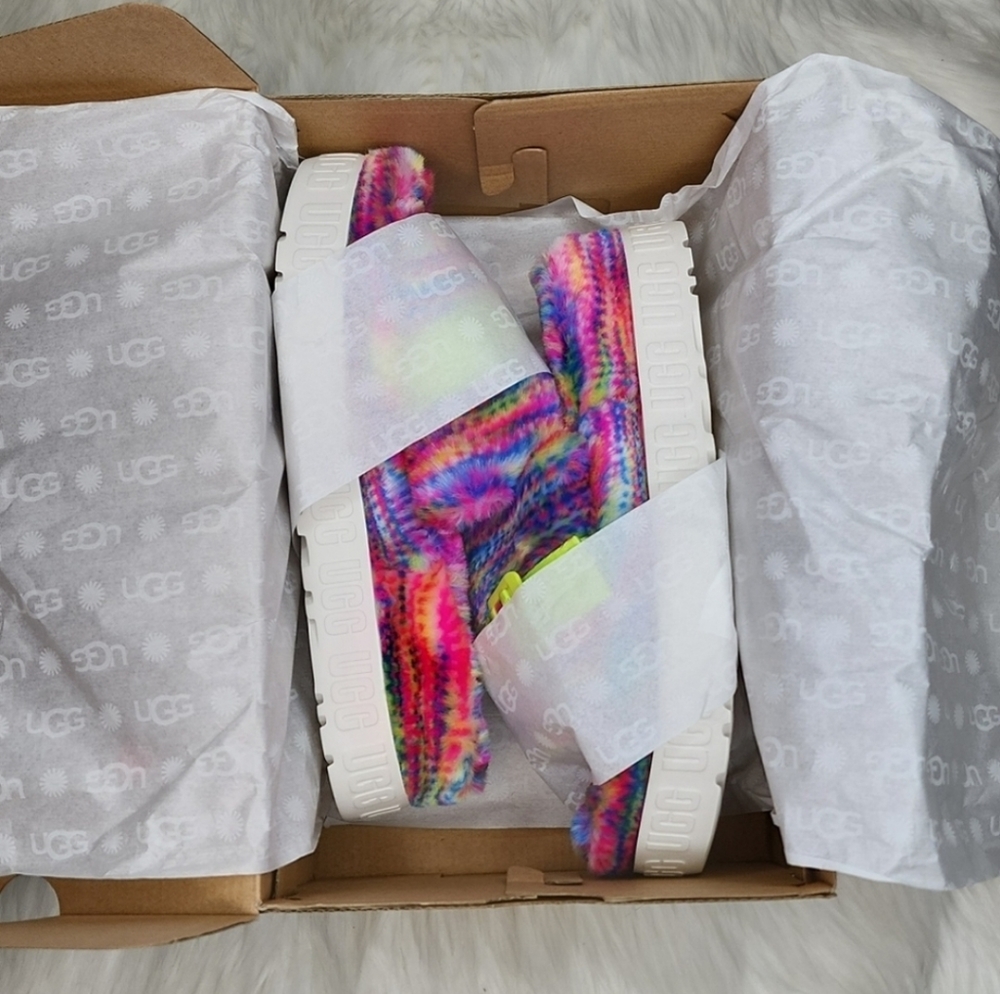 UGG Fluffita Slipper Sandals White Pixelate Multi Color Rainbow - Picture 4 of 16